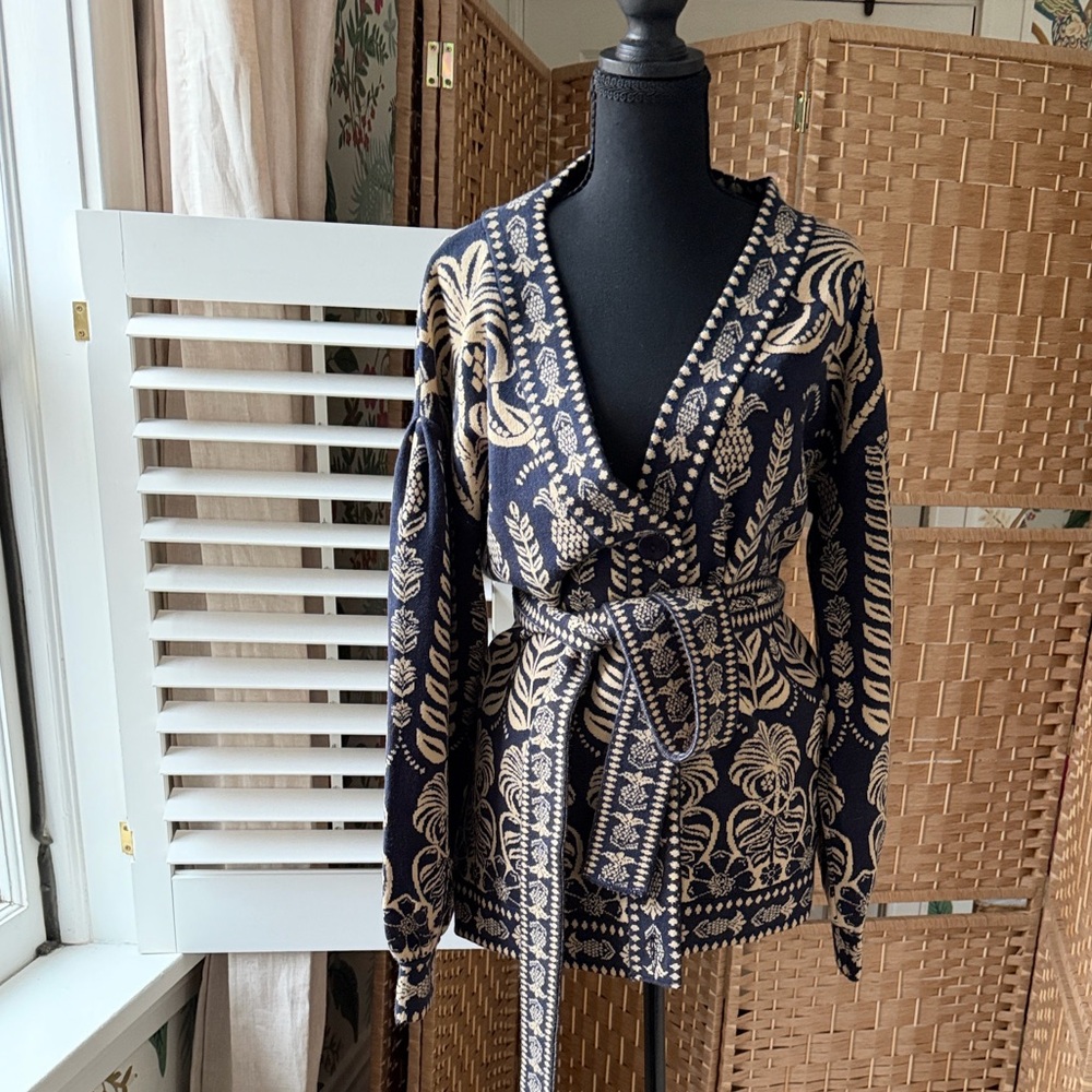 FARM Rio Navy and Cream Botanical Wrap Cardigan